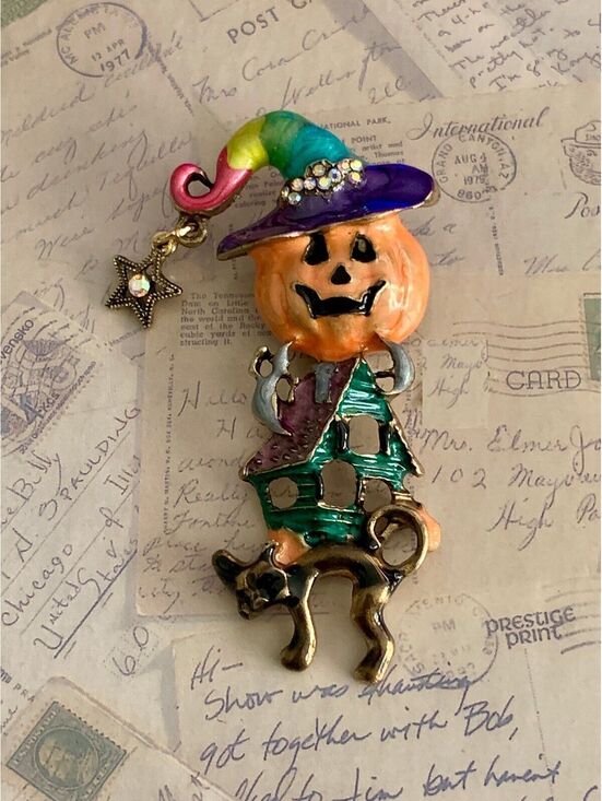 Jewelry - Colorful Enamel Halloween Pumpkin Witch Haunted House Cat Brooch Pin